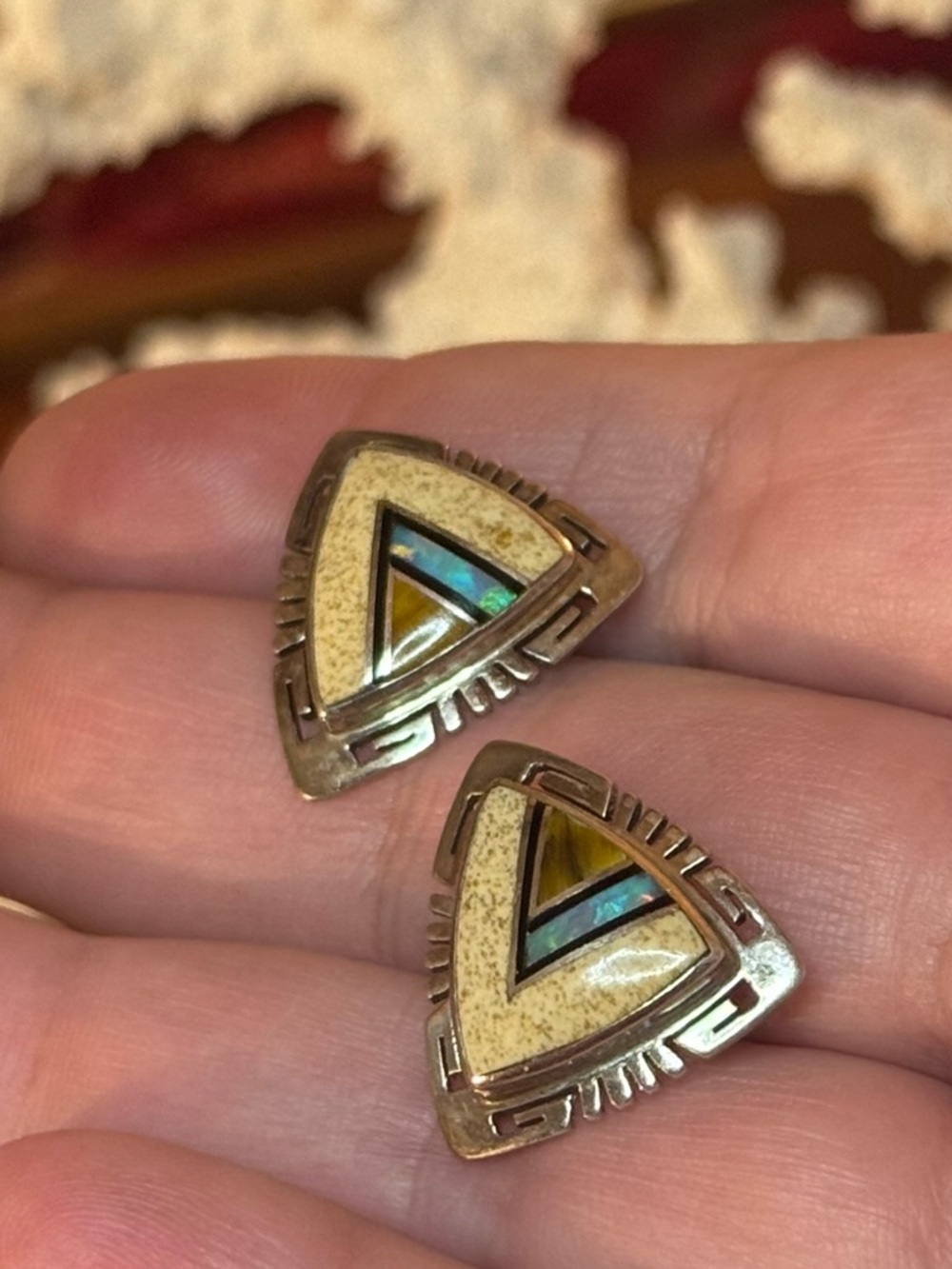 Native American Sterling VTG Inlay Earrings - Picture 6 of 16